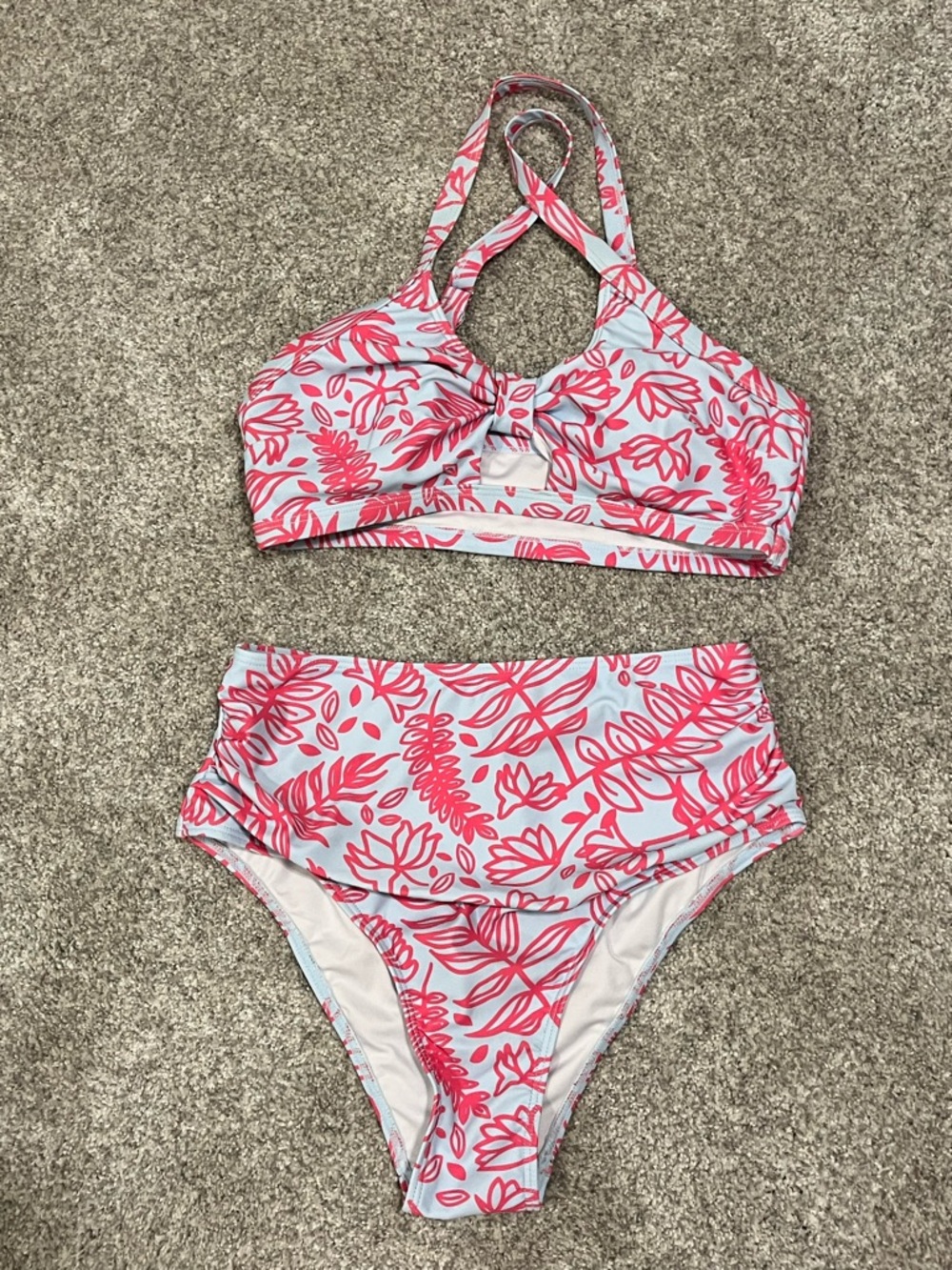 Cupshe Pink And Light Blue Floral Print High-Waist Bikini Set - Picture 4 of 5